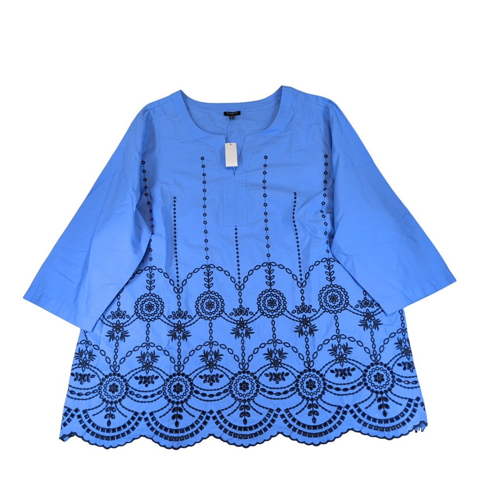 Talbots Plus 2X Blue Embroidered Eyelet Scalloped Hem Cotton Blouse NWT 53498243